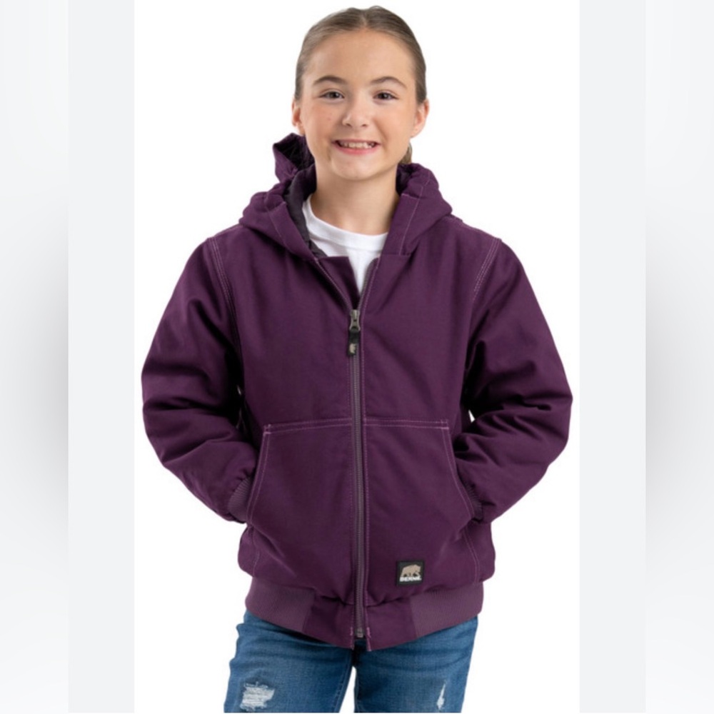Berne Youth Girls Duck Hooded Chore Jacket Plum Size Medium 10-12